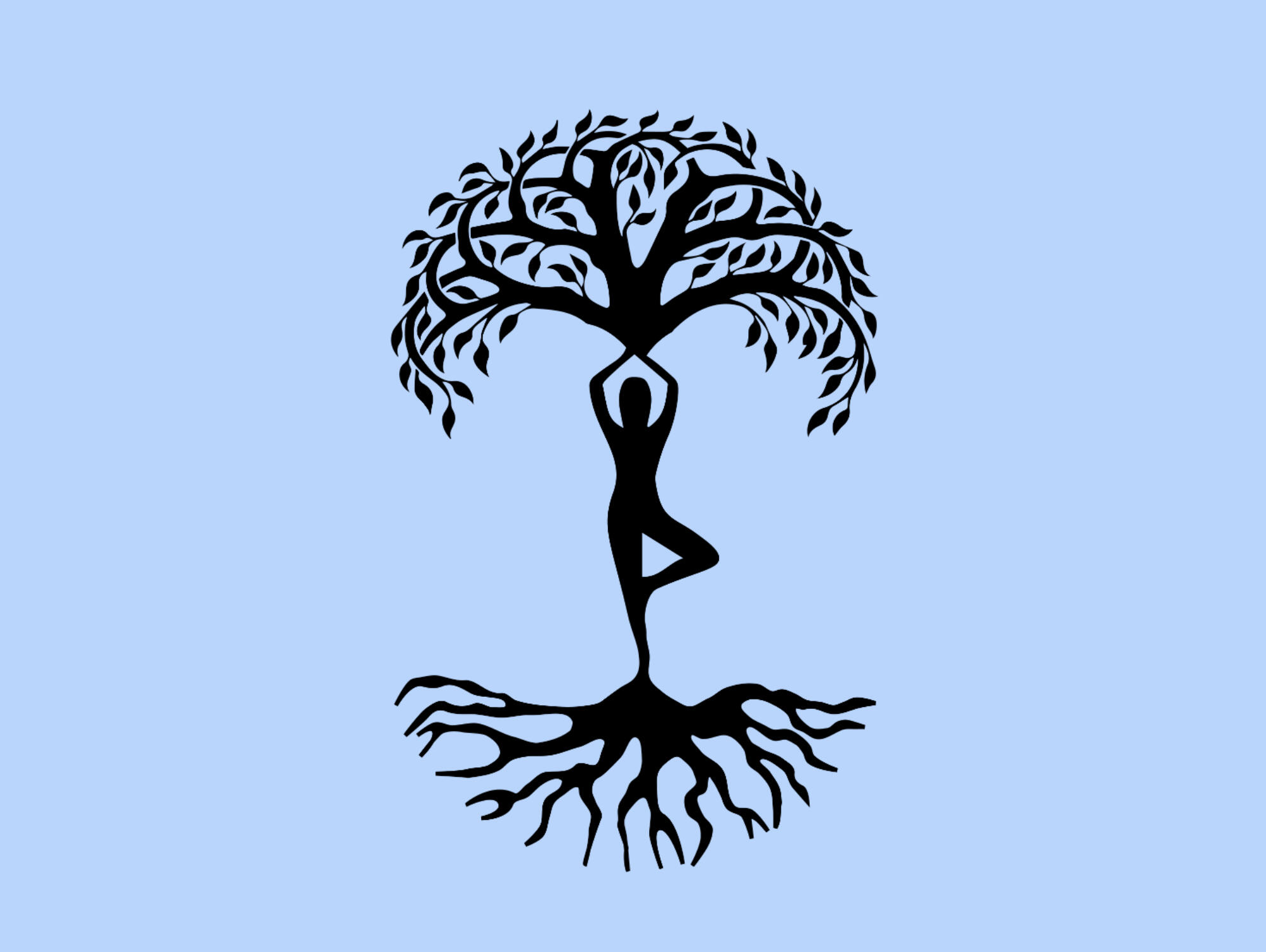 Woman, Tree, Yoga black drawing of a woman in tree pose reaching up to the tree canopy and down to the tree roots