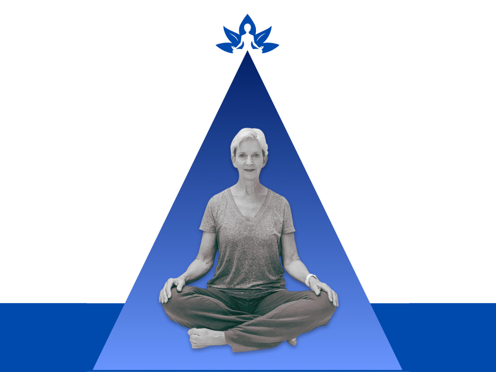 Gentle Yoga with Rox b&w photo of a roxanne darling sitting in lotus position, against a blue triangle with a lotus graphic above her heard